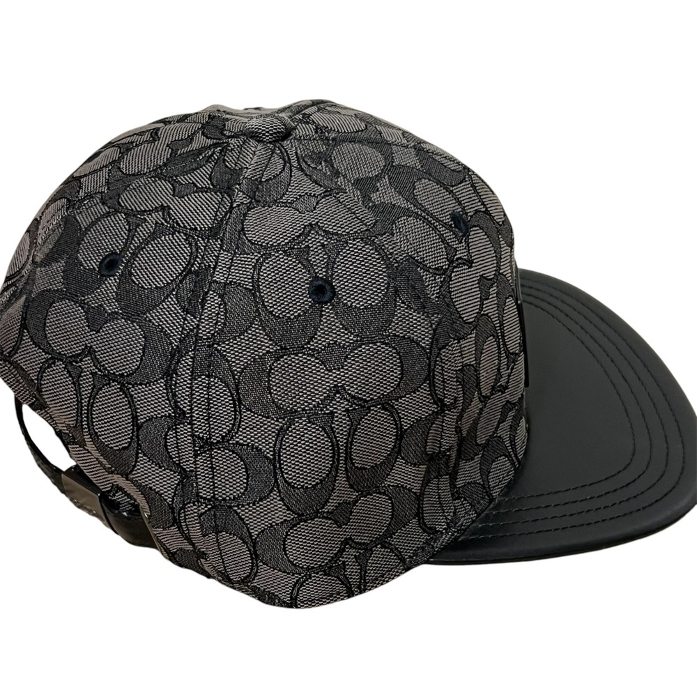 Coach Signature Jacquard Flat Brim Baseball Cap Charcoal Black Leather Logo M/L - Picture 7 of 12